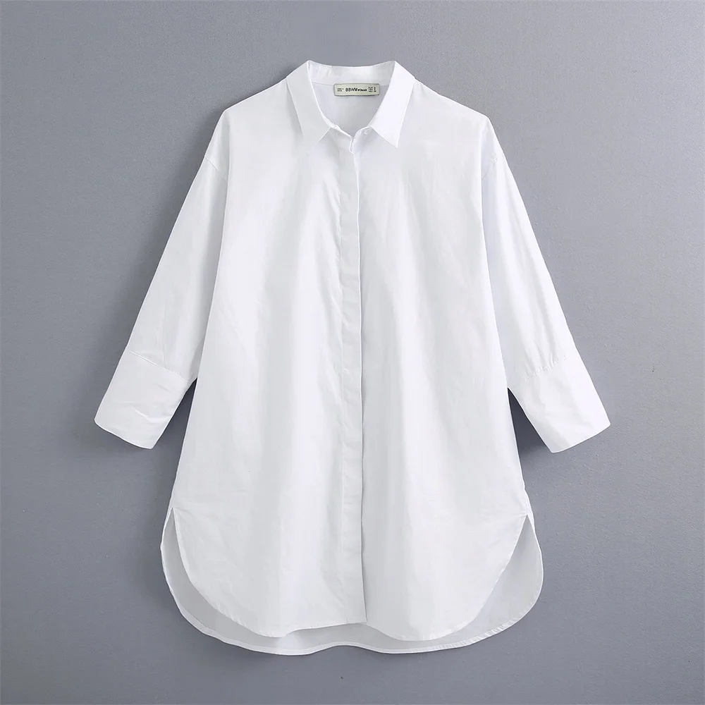 

2020 summer women's new loose lapel wild long-sleeved button decoration poplin simple mid-length shirt