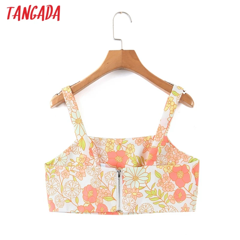 

Tangada Women Floral Print Bralette Camis Crop Top Spaghetti Strap Sleeveless Backless Female Casual Tops QB58