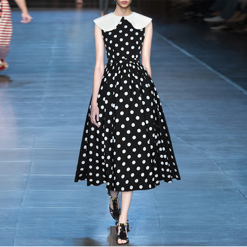 

2021 Fashion Designer Summer Dress Runway New Women Dot Printed Slim Sleeveless Elegant Preppy Style Dresses