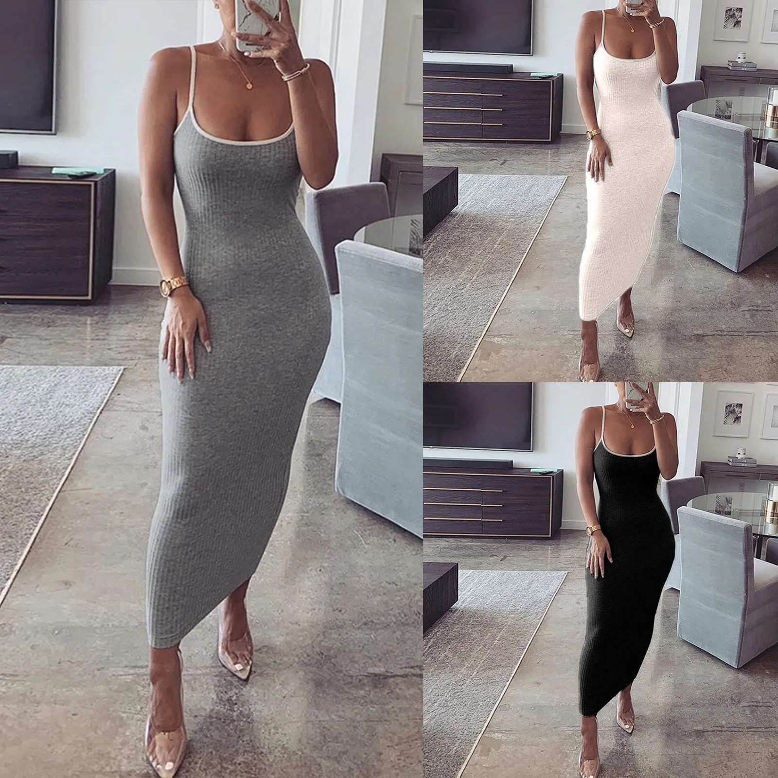 

Slim Cotton Blended Sexy Low-Cut Long Maxi Camisole Dress Sexy Woman Dress Fashion Sleeveless Pure Color Sling Dress