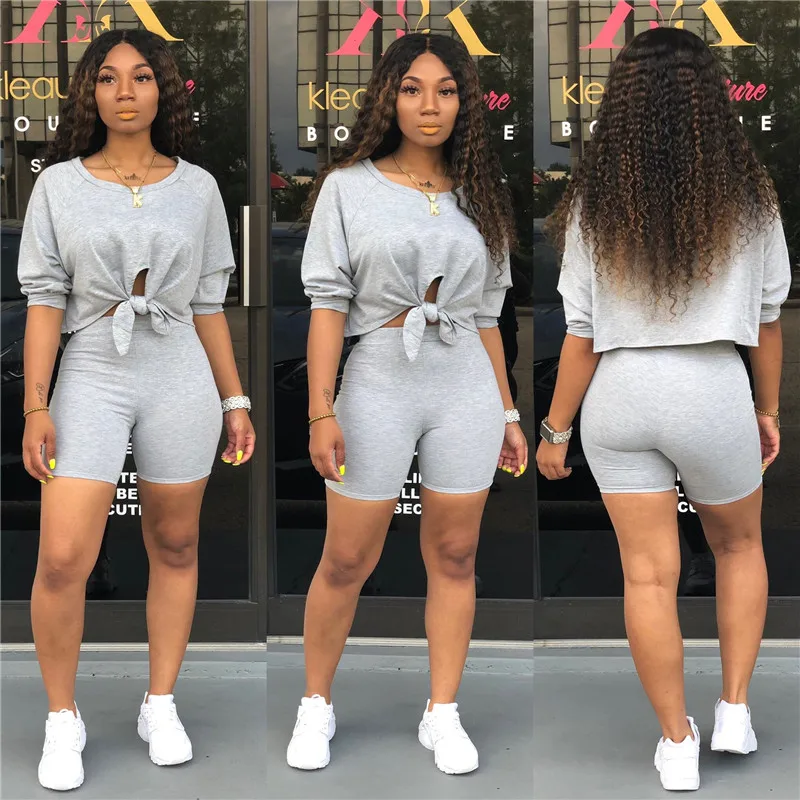 

Ladies Streetwear Solid Color Summer Clothes Two Piece Women Sexy Short Sleeve Front Tie Up Hem Crop Top and Shorts Sport Suits
