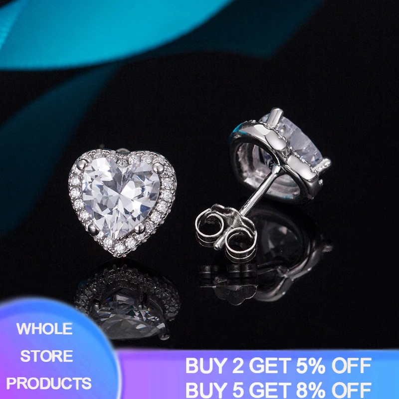 

YANHUI 100% Real 925 Sterling Silver Heart Crystal Earrings Silver Ear Stud For Women Girl Gift Earring Bohemia Jewelry