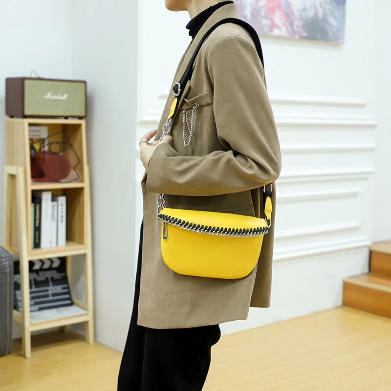 

Natural Cowhide Leather Women Zipper Breast Bag Fashion Simple Chain Cross-body Bag Half Round Waist Bag For Ladies