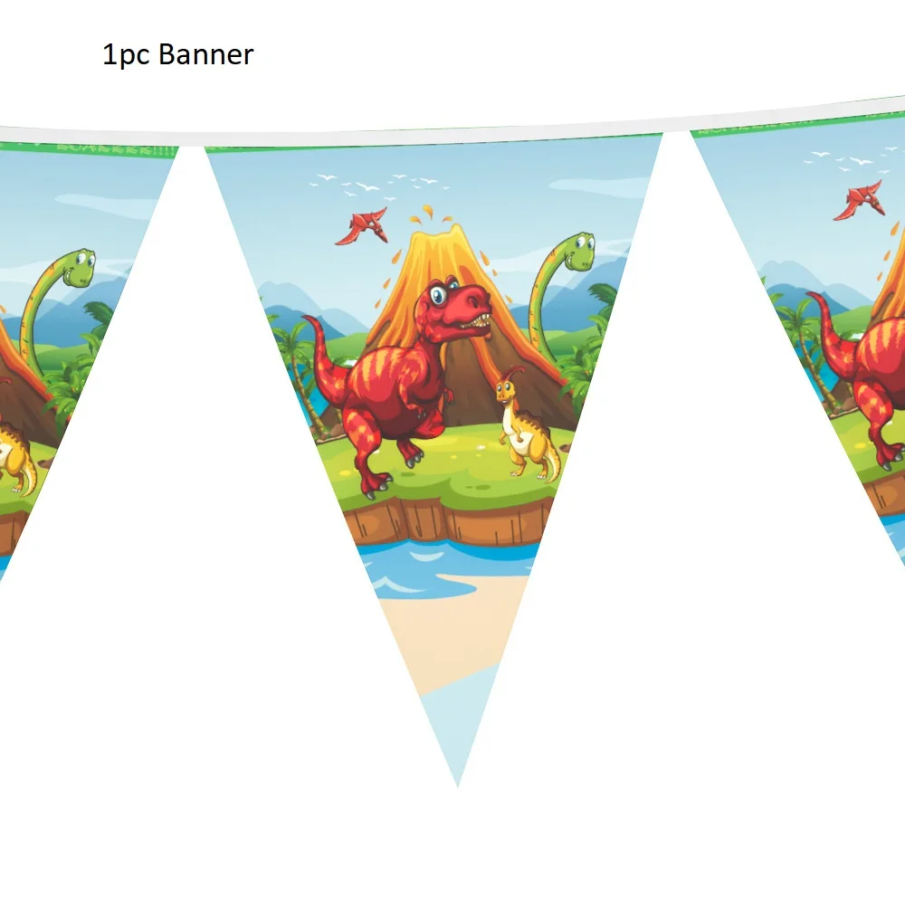 1pc Flag Banner Dinosaur Party Tableware Paper Plate Cup Napkins Tablecloth Banner Happy Birthday Event Party Supplies for Boys - Цвет: 1pc Flag Banner