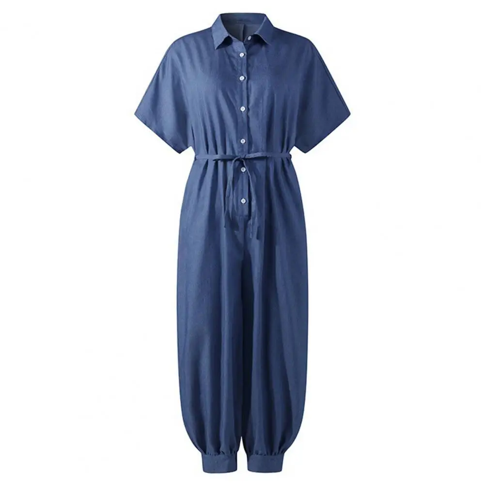 

Women Leisure Denim Jumpsuit Short Sleeve Solid Color Buttons Pockets Long Baggy Romper Overall for Work Streetwear