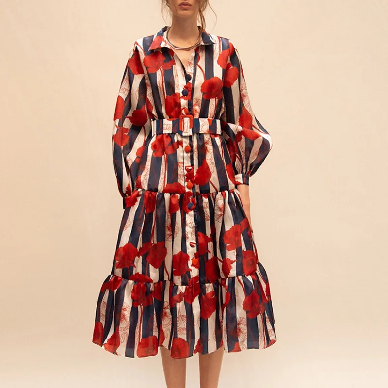 

MSXU vestido de mujer 2021 spring and summer new French retro lapel puff sleeve single-breasted mid-length dress women