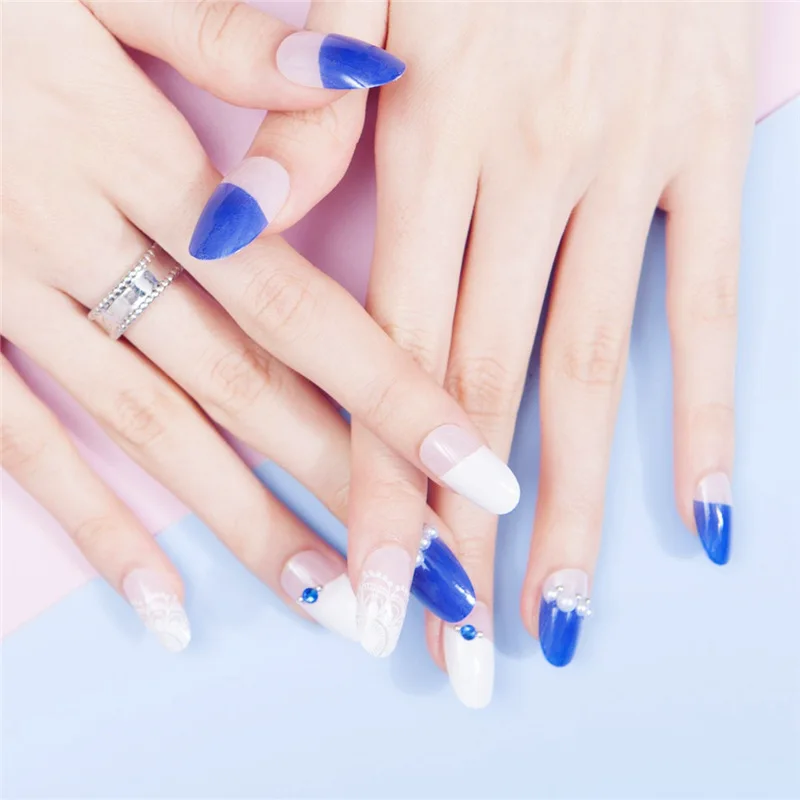 24 шт./компл. смешанные синие и белые Искусственные ногти средней длины круглые