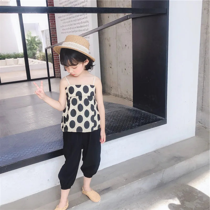 2Colours Children Summer Outfits 2020 Kids 2pieces Tracksuit Dot Sling Top+Pants Girls Clothing Sets Baby Girl Clothes Set | Детская