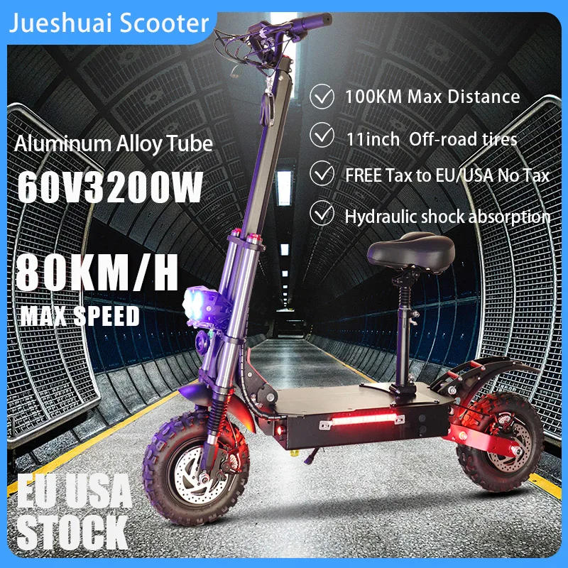 

80KM/H Max Speed Electric Scooter Adults 3200W 60V trotinette Ã©lectrique with Seat Foldable E Scooter Dual Motor EU USA Stock
