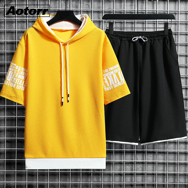 Men Casual Set Hooded Sweatshirt Short Sleeve T-shirt Shorts 2021 Male Jogging Sports Suit Tracksuit Outfit Summer Street Style