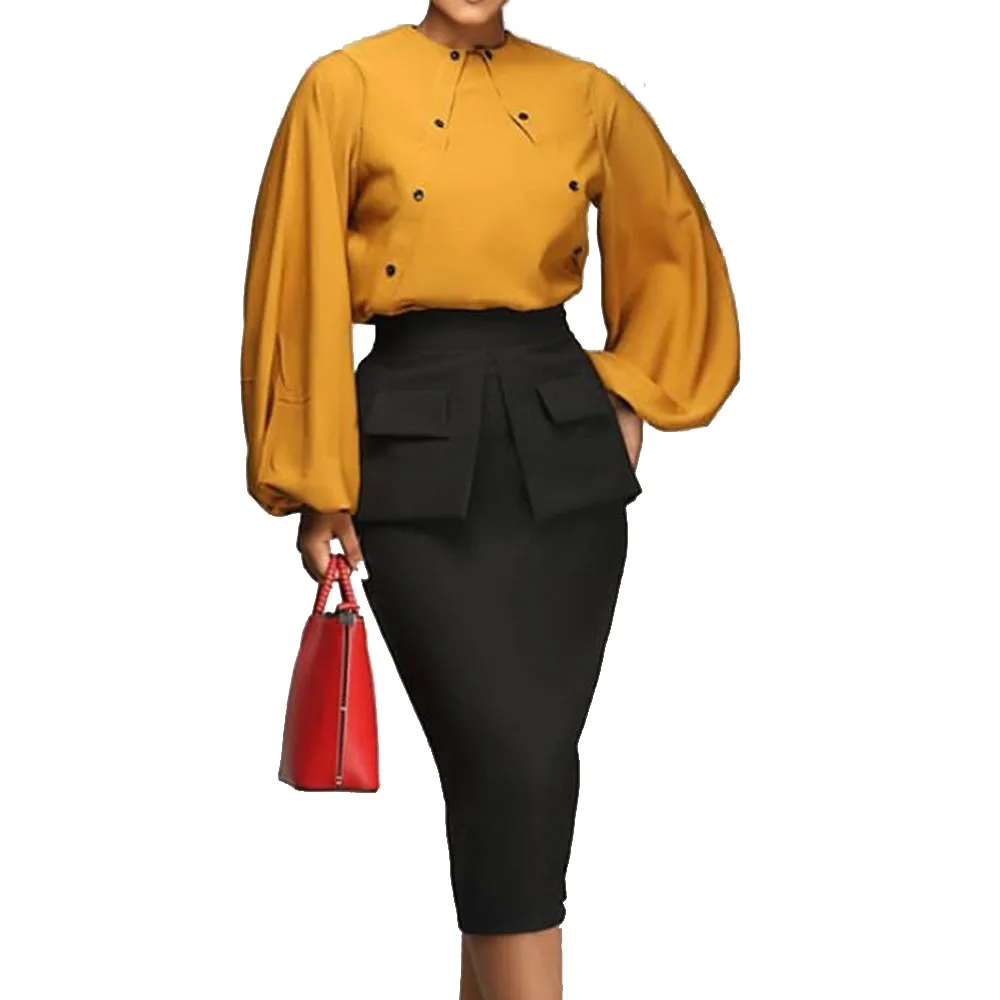 

Autumn Office Lady Two Piece Outfits Midi Skirt And Yellow Long Sleeve Top Set 2 Piece Pc Set Women Matching Suit Sets Plus Size