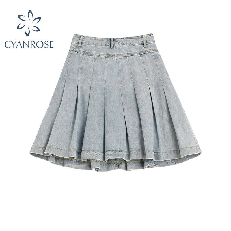 

High Waist Denim Mini Skirt Women Korean Vintage New Fashion Slimming Versatile Denim Button Lotus Leaf Pleated Skirts Female