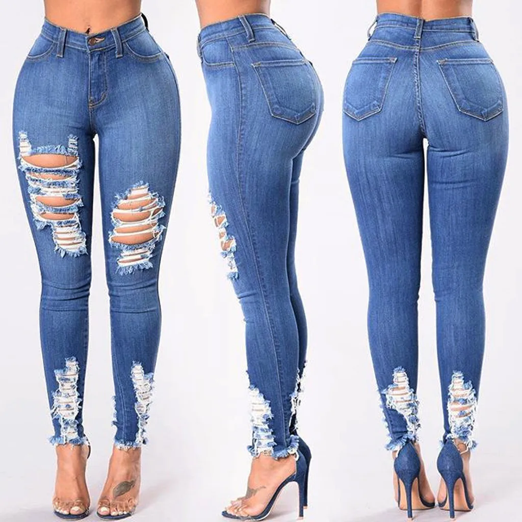 

Fashion Women Jeans Denim Hole Female High Waist Stretch Slim Sexy Pencil Pants Slim High Waist Pencil Trousers Elegant Lady