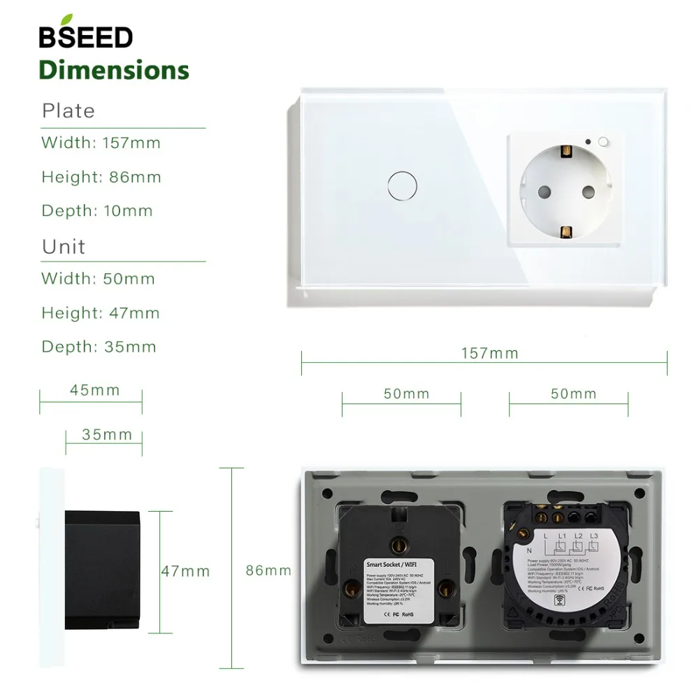 BSEED 16A Wi-Fi сенсорный выключатель 1 комплект ЕС Стандартный ЕС розетка с 3 цвета Кристалл Стекло Панель Умный переключатель