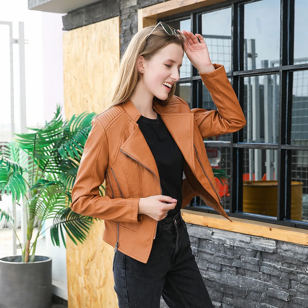 

Dropshipping Slim Ladies PU Leather Jacket Faux Soft Motorcycle Clothing Spring Autumn Women's Fashion Trend Leather Overcoat