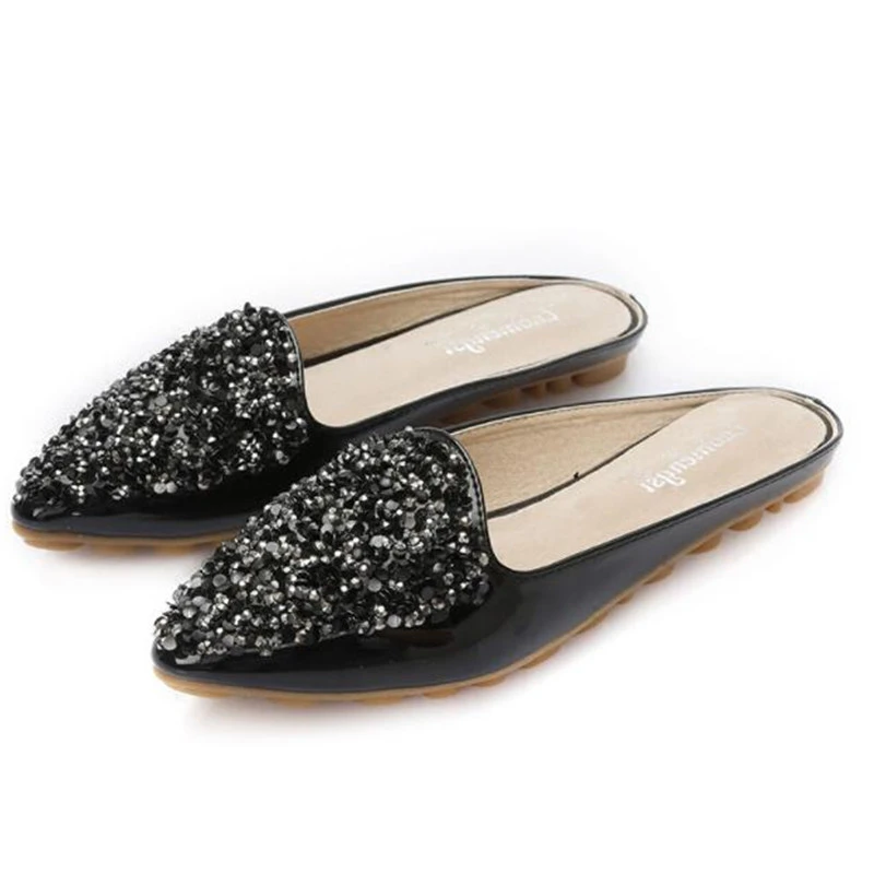

Size 43 Crystal Flat Slippers Women Pointed Toe Bling Rhinestone Mules Shoes Women European Brand Slides Ladies Slippers