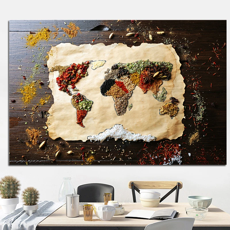Гобелен с картой мира холщовые плакаты карточки различными специями дизайн едой