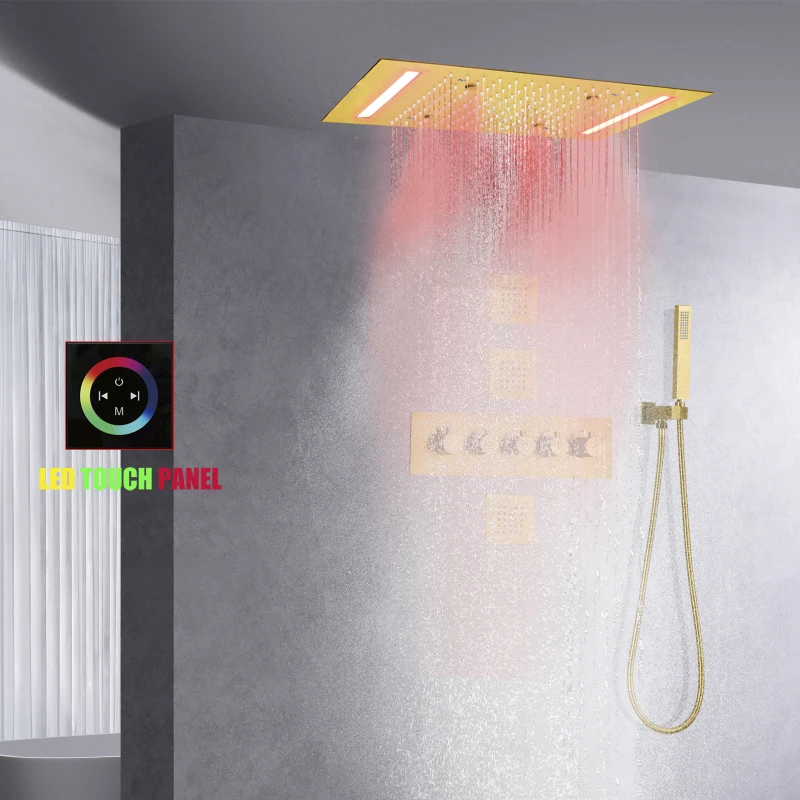 

Brushed Gold LED Shower Mixer Thermostatic Bathroom Ceiling Rainfall Handheld