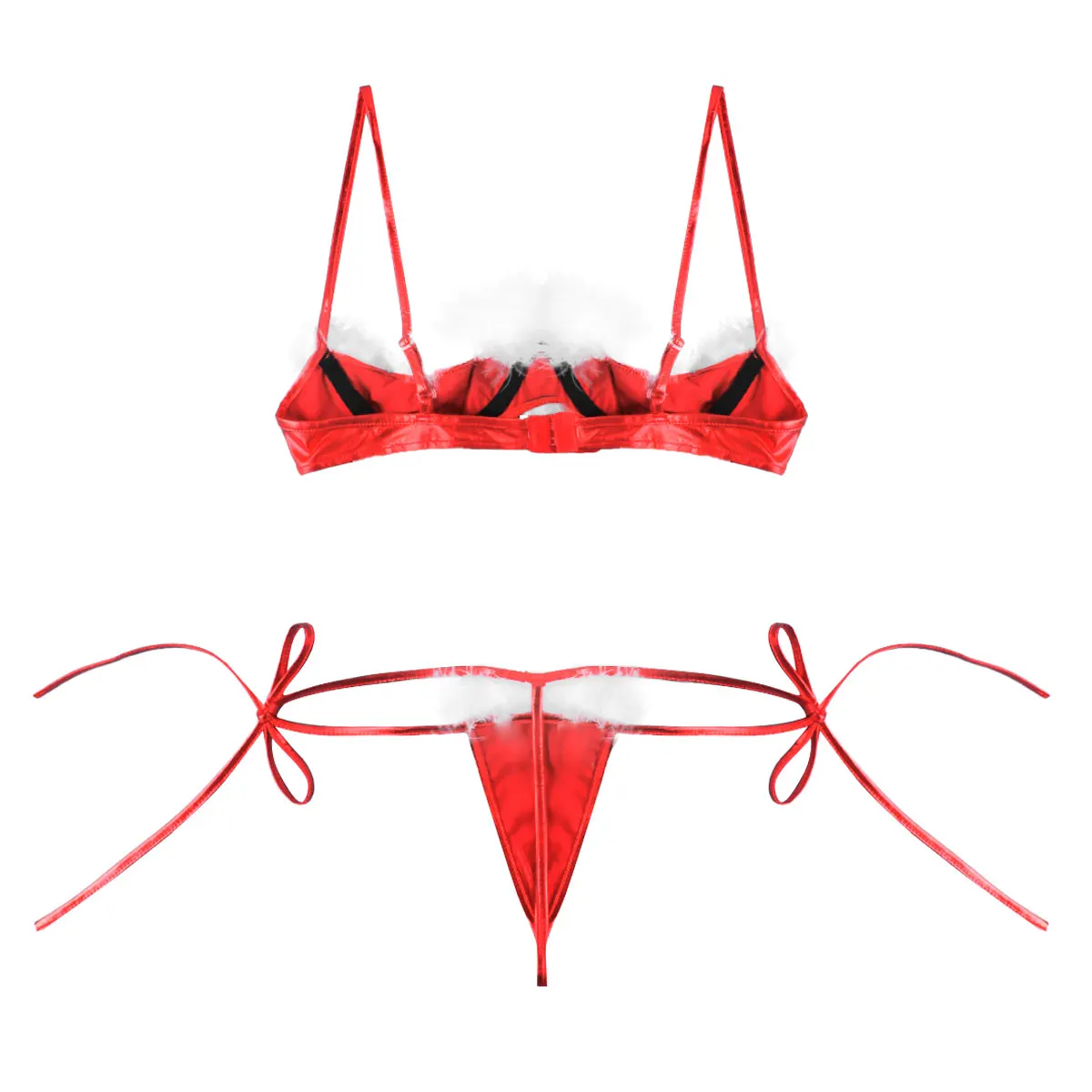 

Sexy Lingerie Women Shiny Metallic Christmas Exotic Set White Feather Trim Underwired Bra Top with Tie Side G-string Briefs