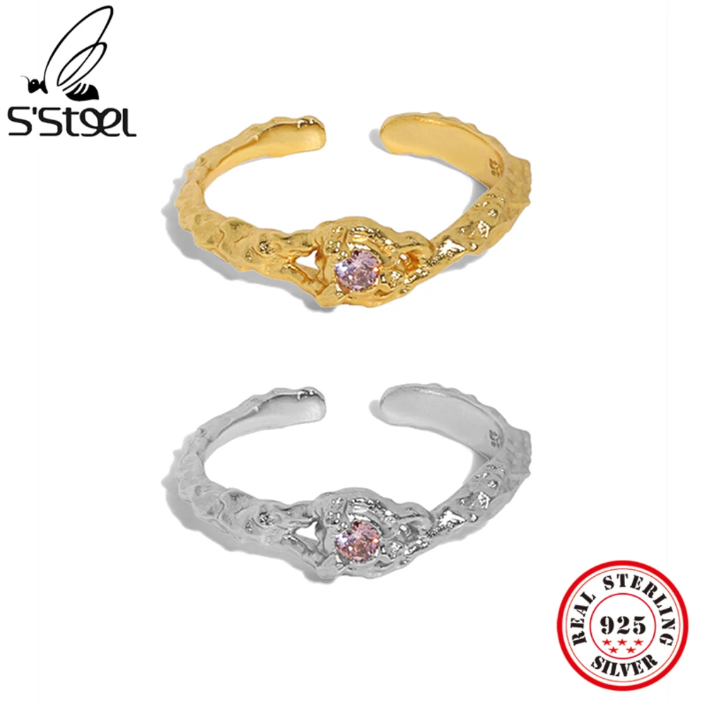 

S'STEEL 925 Sterling Silver Korean Designer Zircon Rings Inlaid Texture Adjustable Gold Ring Gifts For Women Luxury Jewellery