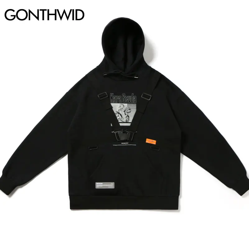 

GONTHWID Blind Love Print Buckle Ribbons Fleece Hooded Sweatshirts Pullover Hoodies Streetwear Hip Hop Hipster Casual Tops Mens