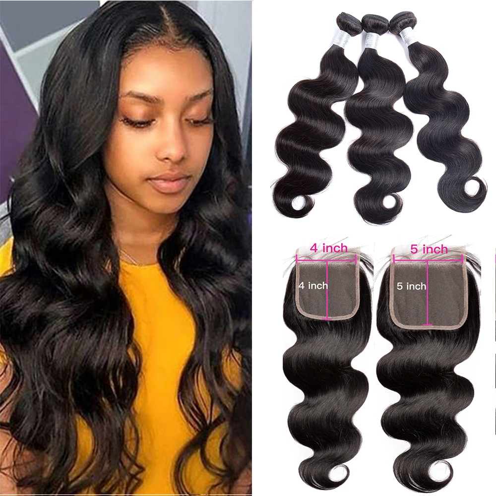 Бразильские волнистые пучки волос с застежкой 3 пучка 30 дюймов 5x5 6x6 закрытие и