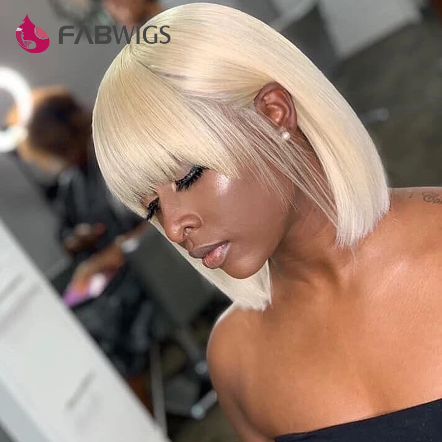 Fabwigs#613 блондинка Синтетические волосы на кружеве парики с челкой 180% короткий Боб 13x4 Синтетические волосы на кружеве человеческих волос парики 13X4 прозрачные кружевные парики из человеческих волос