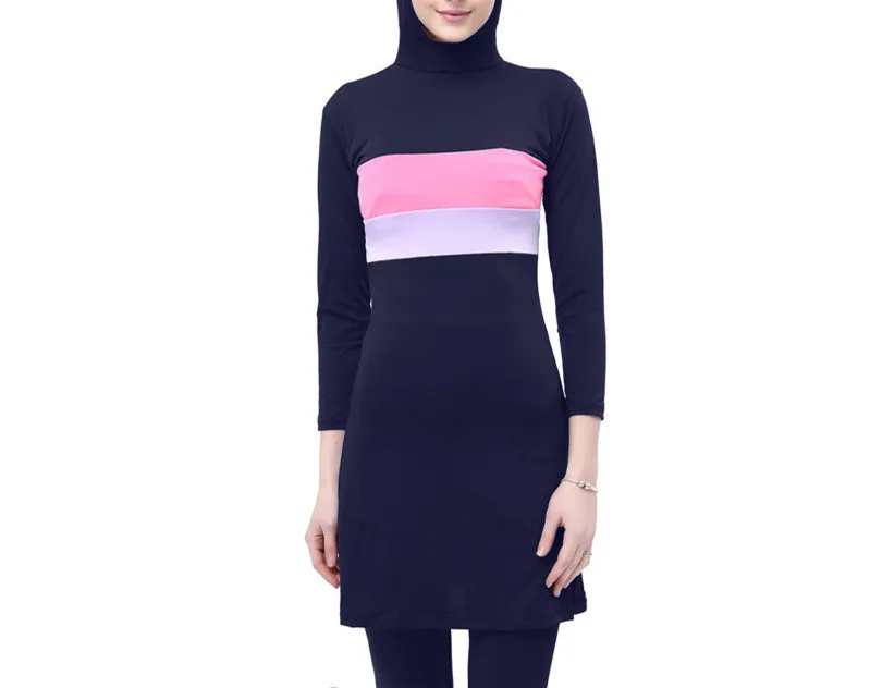 

Pink Women Stripe Printed Muslim Swimwear Hijab Muslimah Islamic Plus Size Swimsuit Swim Surf Wear Sport Burkinis 5XL
