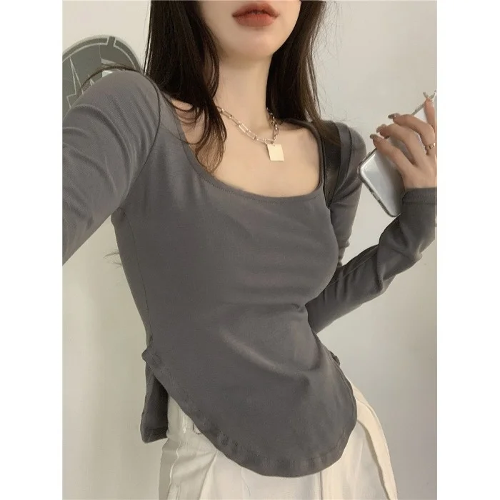 Женская футболка с длинным рукавом и U-образным вырезом в Корейском стиле | одежда