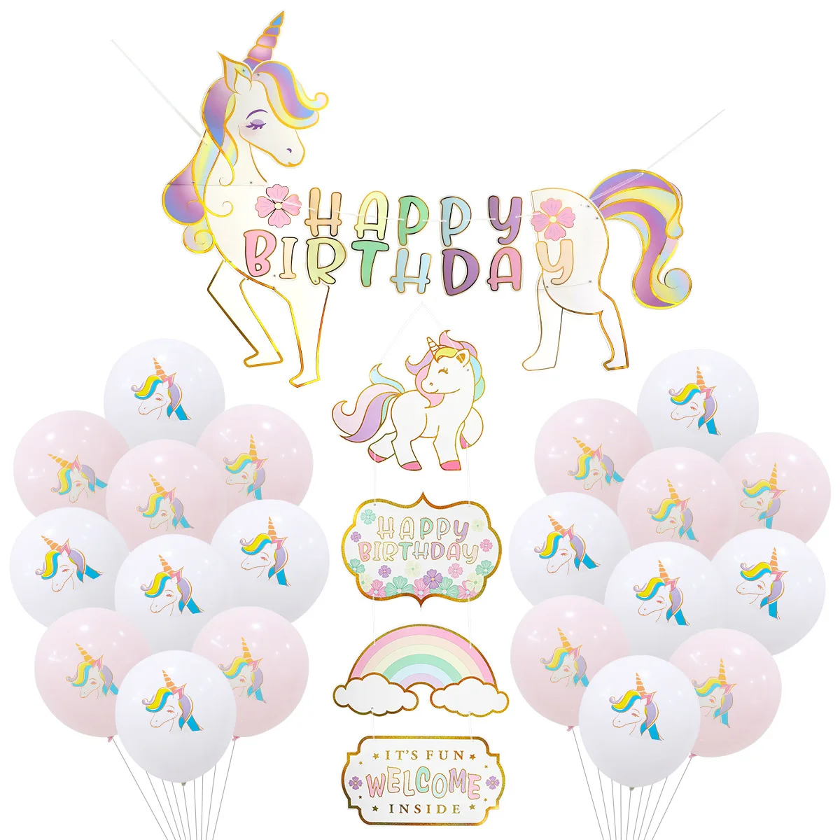 

Unicorn Happy Birthday Party Decoration Macaron Pink Balloon Set for Girls Birthday Supplies Paper Banner Unicorn Door Banner