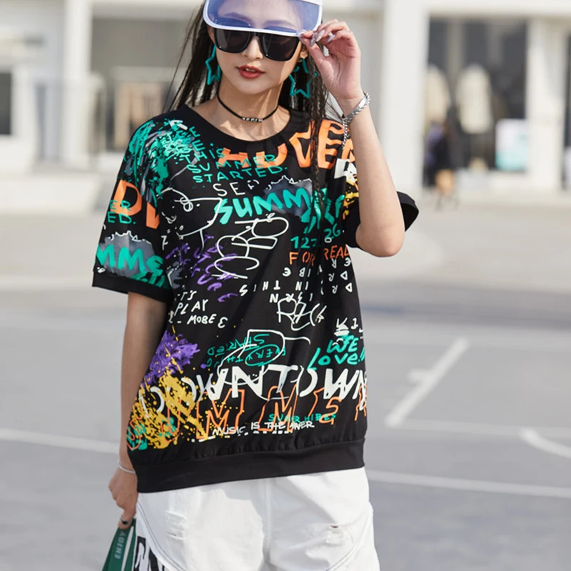 

Masss Wasss European Fashion Ladies Vintage Printed Tees Womens Punk Style Black Tshirts Female Short Sleeve Clothing Big Size