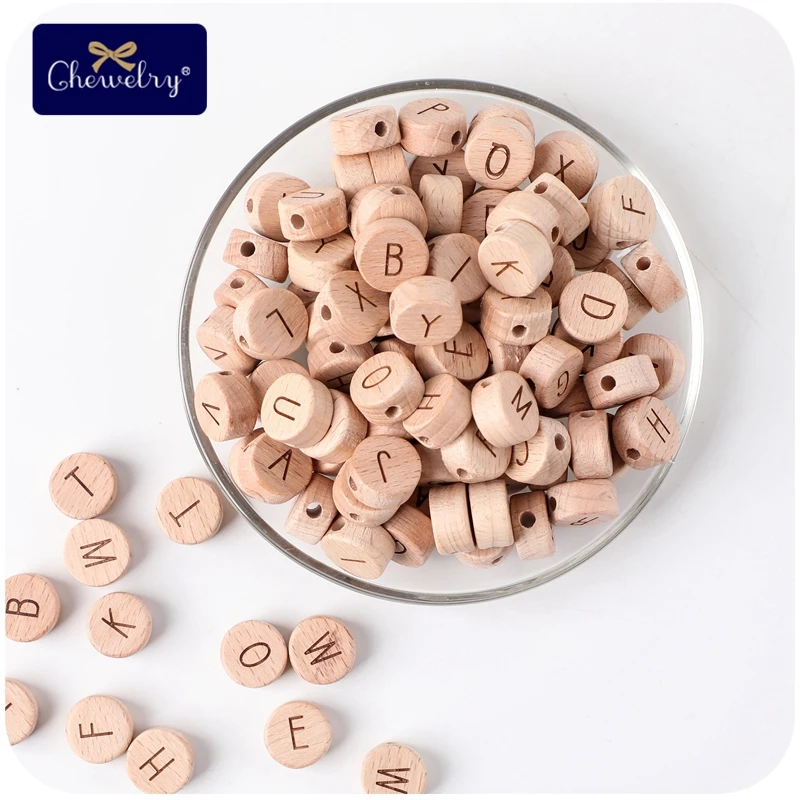 Collar de cuentas de madera para dentici&oacute;n de beb&eacute;, colgante de grado alimenticio con letras en ingl&eacute;s, accesorios para chupete, Clips de dentici&oacute;n Natural, 30 Uds.-1