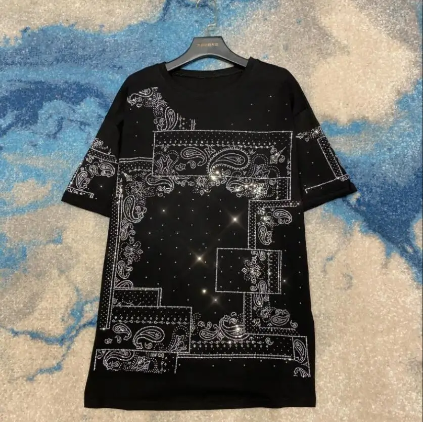 Streetwear Shiny T-shirt 2020 Summer Women Cool Rhinestone Hot Drilling Loose Short-Sleeved Short Sleeve Female Long Tee | Женская