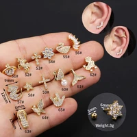 1pc 20g cartilage piercing gold stud earrings for women cz animal butterfly cross helix conch screw back ear bone body jewelry