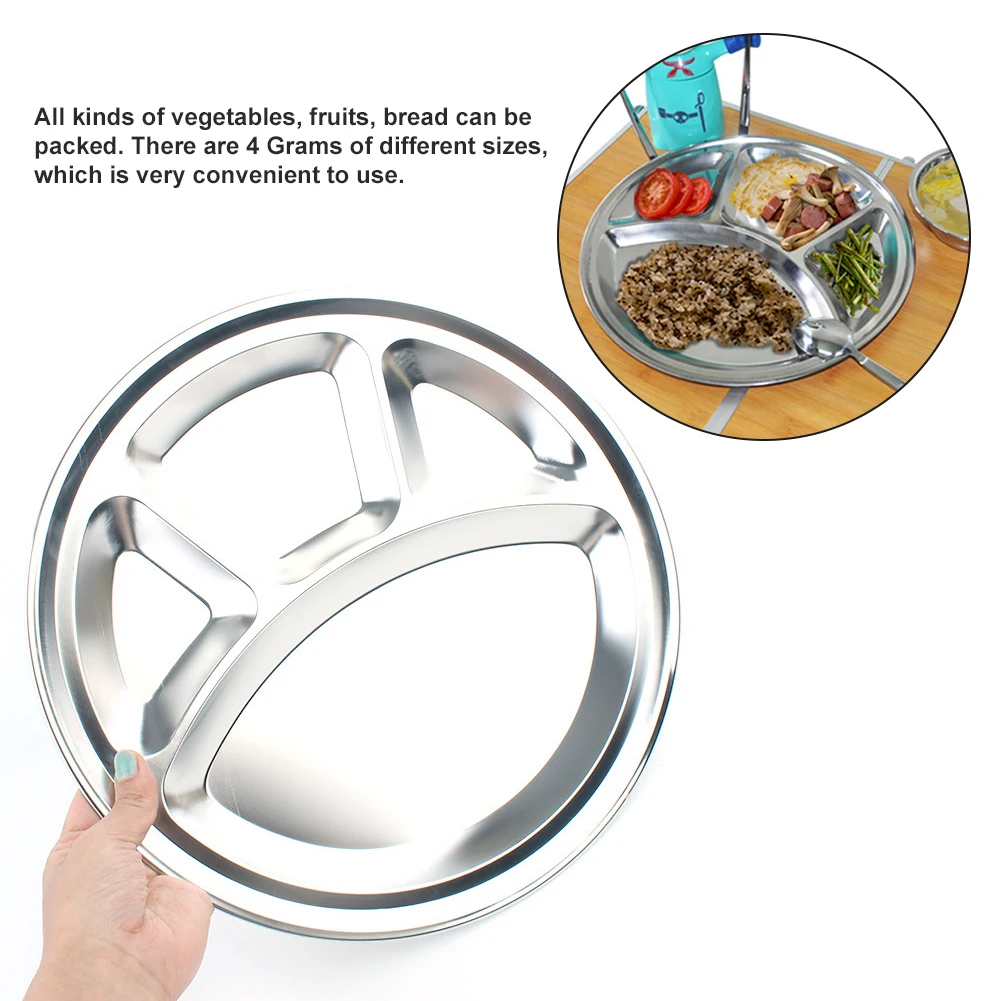 

Stainless Steel 4 Grids Divided Dinner Plate Dish Round Students Grid Lunch Tray