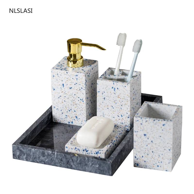 

Creativity Five Piece Set Resin Bathroom Accessories Set Soap Dish Soap Dispenser Toilet Brush Toothbrush Holder Mouth Cup