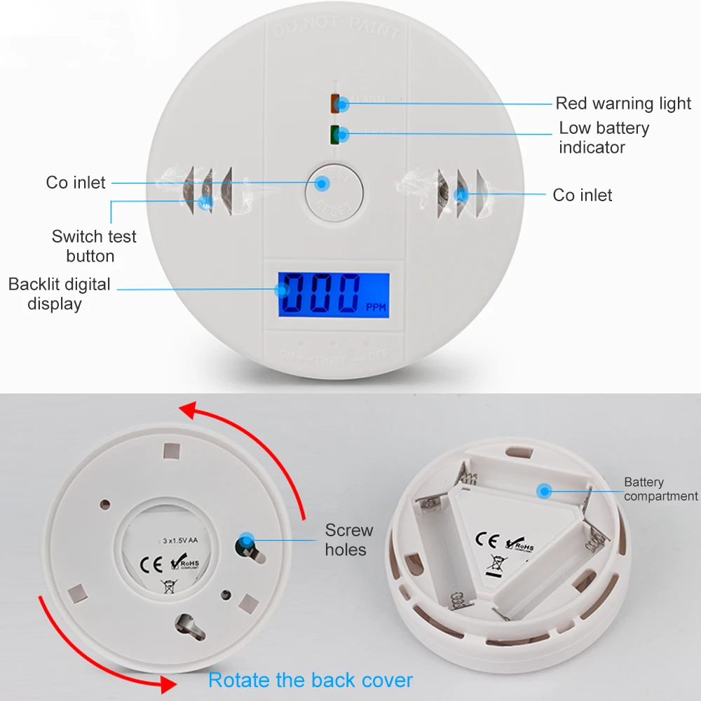 Carbon Monoxide Alarm Sensor Detector LCD Photoelectric CO Gas Home Security 85dB Warning Poisoning | Инструменты