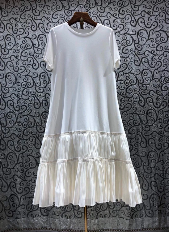 

2021 new women fashion round neck hem lotus leaf stitching decoration short-sleeved long skirt dress 428