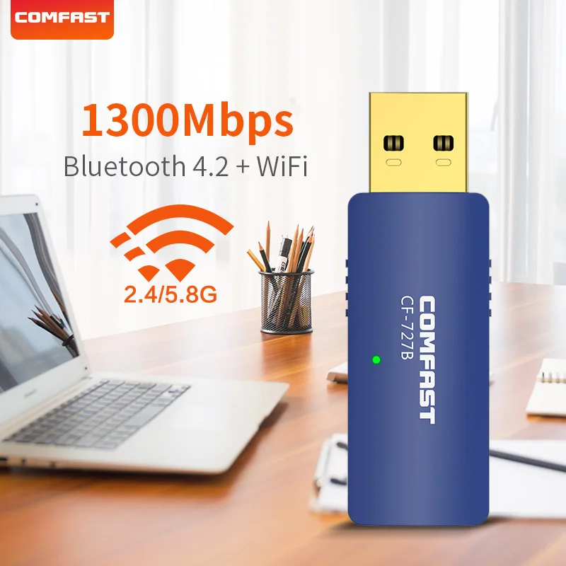 Comfast-Adaptador USB Bluetooth 11ac 1300mbps, tarjeta de red Wi-fi de doble banda...