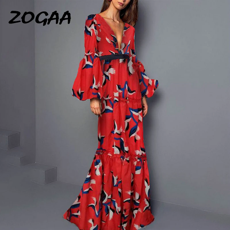 

ZOGAA Red Bohemian Long Dress Deep V Neck Ruffles Noble Elegant Evening Party Night Long Dress Women Summer Maxi Robe Femme 2019