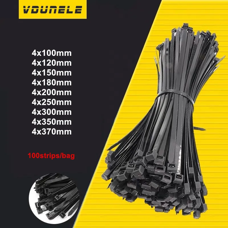 Самоблокирующийся пластиковый нейлоновый галстук 100 шт. черный кабельный