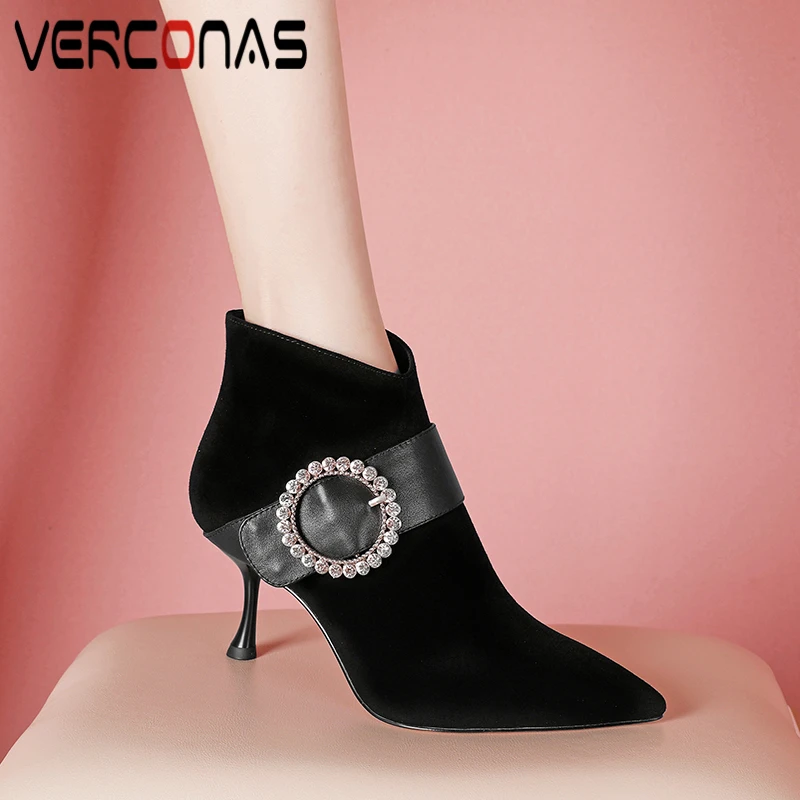 

VERCONAS Ankle Boots For Women Rhinestone Buckle Kid Suede Shoes Woman Elegant Fashion Thin Heels Side Zipper Office Basic Boots