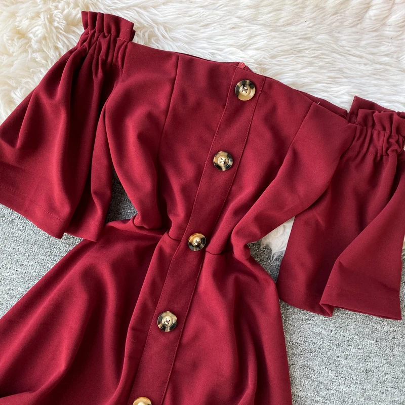 

2020 Spring Summer Women Mini Dress Vintage Single Breasted Single Breasted Short Sleeve Solid Color Red/Blue/Green Dress Female