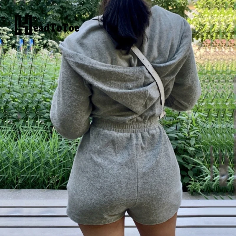 

Solid Zip Pocket Causal Sporty Romper Woman Long Sleeve Hooded Elastic Slim Pleated Playsuits Women