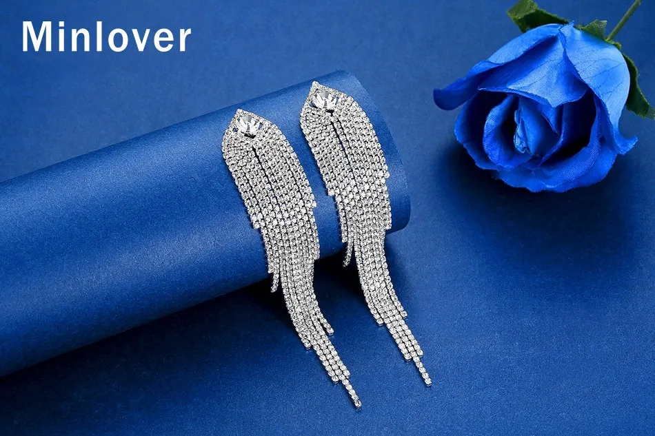 Серьги-подвески Minlover серебристого цвета с длинной металлической кисточкой для женщин, корейские стразы, свадебные серьги с бахромой, ювелирные изделия MEH1647