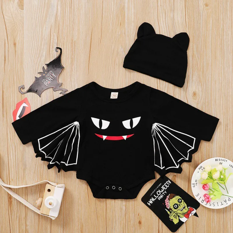 

Halloween Baby Boys Girls Cartoon Pattern Print Long Sleeve Romper Infant Kids Playsuit With Hat