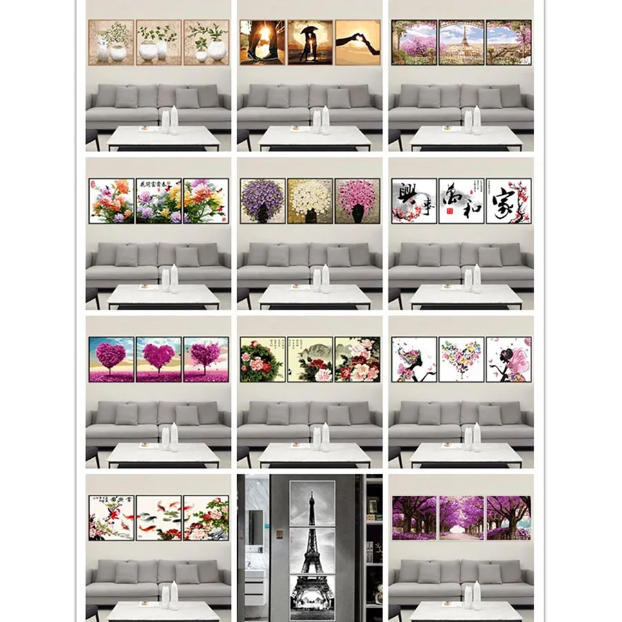 Juego de pintura al &oacute;leo por n&uacute;meros, Tr&iacute;ptico para colorear paisajes, Pintura abstracta, pegatina de pared, decoraci&oacute;n del hogar, 3 unids/set-0