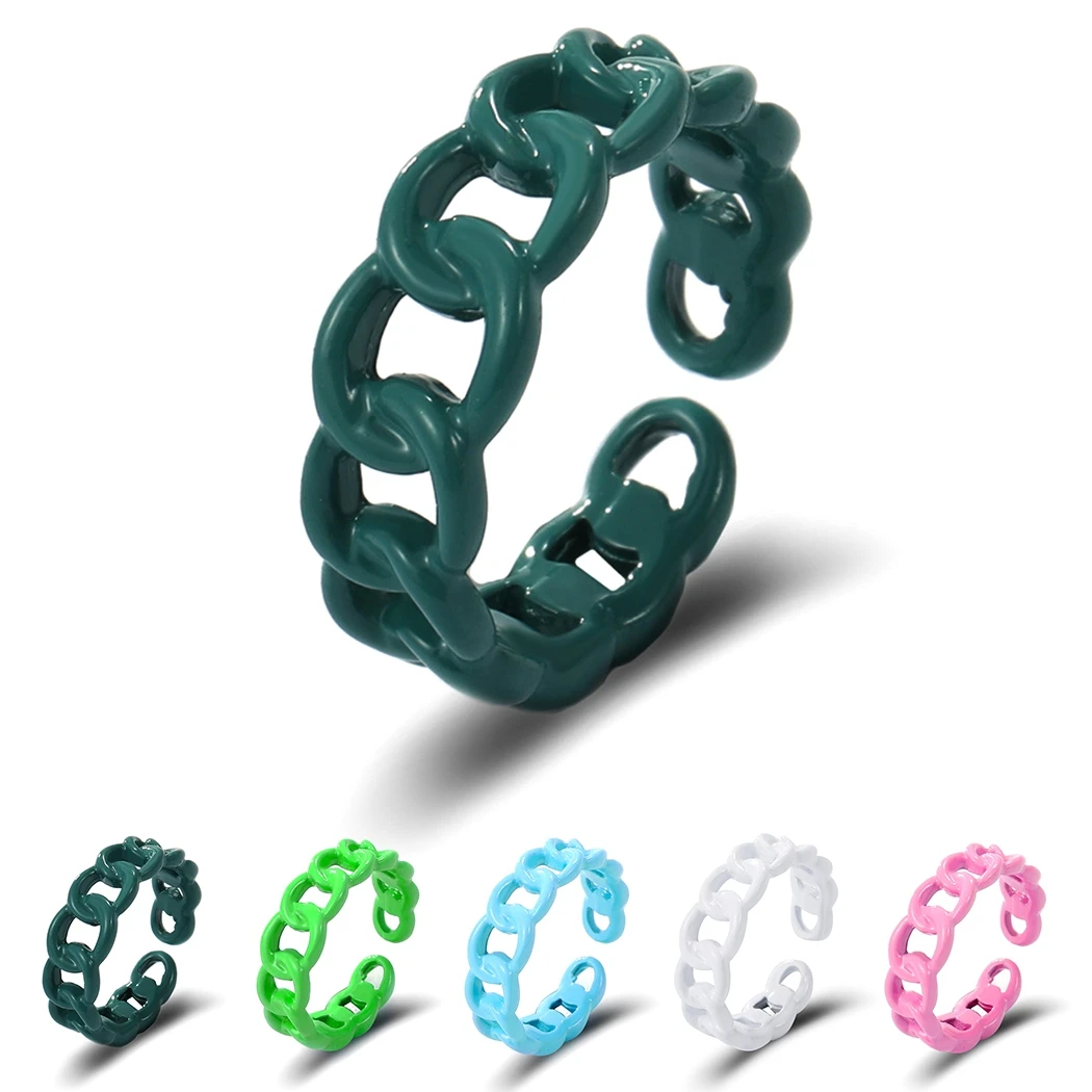 

2021 New Trendy Hand-Painted Candy Color Dripping Oil Geometric Chain Rings For Women Multicolor Irregular Open Rings Jewelry