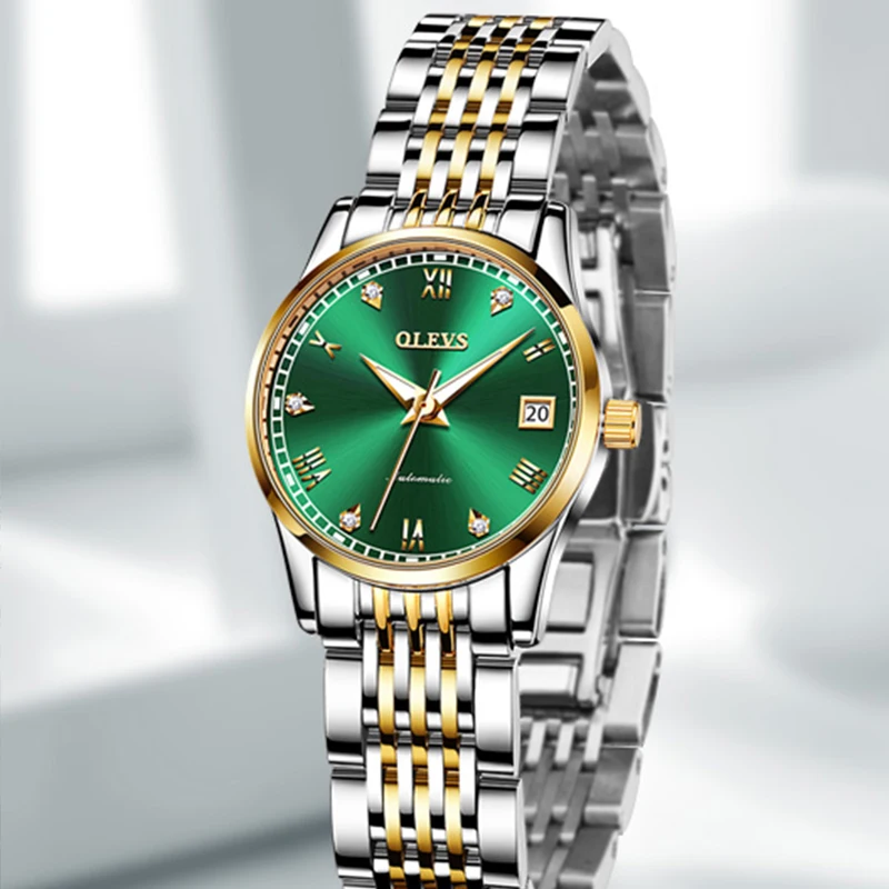 OLEVS New Fashion Ladies Casual Elegant Temperament Automatic Diamond HD Luminous Waterproof Green Dial Mechanical Watch 6602