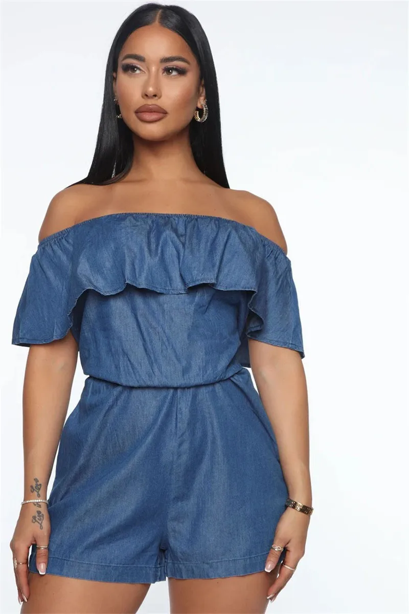 

Strapless Off Shoulder Ruffles Playsuit Jumpsuit Rompers 2020 Sexy Sleeveless Women Denim Look Summer High Waist Jumpsuit Shorts